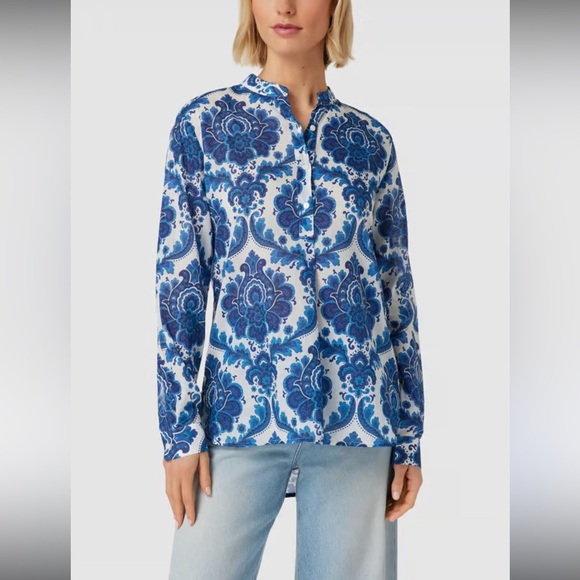 0039 Italy Blue Floral Print Cotton Tunic Blouse cotton Pearl buttons Small $175